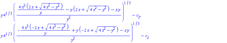y*4^(1/3)*((4*x^2*(2*x+(4*x^2-y^2)^(1/2))/y-y*(2*x+(4*x^2-y^2)^(1/2))-x*y)/y^2)^(1/3)-c__2, y*4^(1/3)*((-4*x^2*(-2*x+(4*x^2-y^2)^(1/2))/y+y*(-2*x+(4*x^2-y^2)^(1/2))-x*y)/y^2)^(1/3)-c__2