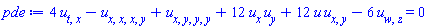 4*(diff(diff(u(x, y, z, w, t), t), x))-(diff(diff(diff(diff(u(x, y, z, w, t), x), x), x), y))+diff(diff(diff(diff(u(x, y, z, w, t), x), y), y), y)+12*(diff(u(x, y, z, w, t), x))*(diff(u(x, y, z, w, t), y))+12*u(x, y, z, w, t)*(diff(diff(u(x, y, z, w, t), x), y))-6*(diff(diff(u(x, y, z, w, t), w), z)) = 0