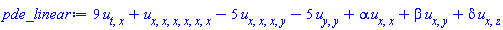 9*(diff(diff(u(x, y, z, t), t), x))+diff(diff(diff(diff(diff(diff(u(x, y, z, t), x), x), x), x), x), x)-5*(diff(diff(diff(diff(u(x, y, z, t), x), x), x), y))-5*(diff(diff(u(x, y, z, t), y), y))+alpha*(diff(diff(u(x, y, z, t), x), x))+beta*(diff(diff(u(x, y, z, t), x), y))+delta*(diff(diff(u(x, y, z, t), x), z))