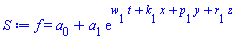 f(x, y, z, t) = a[0]+a[1]*exp(t*w[1]+x*k[1]+y*p[1]+z*r[1])