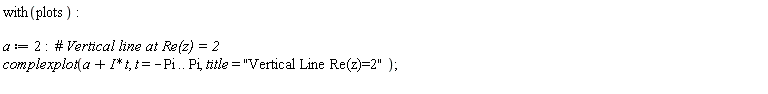 with(plots); a := 2; complexplot(a+I*t, t = -Pi .. Pi, title = "Vertical Line Re(z)=2")