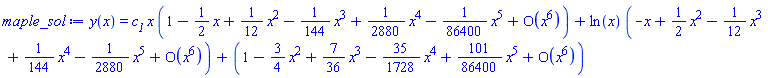 y(x) = c__1*x*(series(1-(1/2)*x+(1/12)*x^2-(1/144)*x^3+(1/2880)*x^4-(1/86400)*x^5+O(x^6),x,6))+ln(x)*(series(-x+(1/2)*x^2-(1/12)*x^3+(1/144)*x^4-(1/2880)*x^5+O(x^6),x,6))+(series(1-(3/4)*x^2+(7/36)*x^3-(35/1728)*x^4+(101/86400)*x^5+O(x^6),x,6))