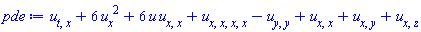 diff(diff(u(x, y, z, t), t), x)+6*(diff(u(x, y, z, t), x))^2+6*u(x, y, z, t)*(diff(diff(u(x, y, z, t), x), x))+diff(diff(diff(diff(u(x, y, z, t), x), x), x), x)-(diff(diff(u(x, y, z, t), y), y))+diff(diff(u(x, y, z, t), x), x)+diff(diff(u(x, y, z, t), x), y)+diff(diff(u(x, y, z, t), x), z)
