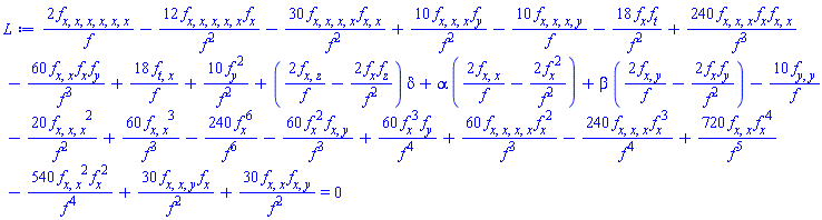 -18*(diff(f(x, y, z, t), x))*(diff(f(x, y, z, t), t))/f(x, y, z, t)^2-12*(diff(diff(diff(diff(diff(f(x, y, z, t), x), x), x), x), x))*(diff(f(x, y, z, t), x))/f(x, y, z, t)^2-30*(diff(diff(diff(diff(f(x, y, z, t), x), x), x), x))*(diff(diff(f(x, y, z, t), x), x))/f(x, y, z, t)^2-20*(diff(diff(diff(f(x, y, z, t), x), x), x))^2/f(x, y, z, t)^2+60*(diff(diff(f(x, y, z, t), x), x))^3/f(x, y, z, t)^3-240*(diff(f(x, y, z, t), x))^6/f(x, y, z, t)^6+10*(diff(diff(diff(f(x, y, z, t), x), x), x))*(diff(f(x, y, z, t), y))/f(x, y, z, t)^2+30*(diff(diff(diff(f(x, y, z, t), x), x), y))*(diff(f(x, y, z, t), x))/f(x, y, z, t)^2+30*(diff(diff(f(x, y, z, t), x), x))*(diff(diff(f(x, y, z, t), x), y))/f(x, y, z, t)^2-60*(diff(f(x, y, z, t), x))^2*(diff(diff(f(x, y, z, t), x), y))/f(x, y, z, t)^3+60*(diff(f(x, y, z, t), x))^3*(diff(f(x, y, z, t), y))/f(x, y, z, t)^4+60*(diff(diff(diff(diff(f(x, y, z, t), x), x), x), x))*(diff(f(x, y, z, t), x))^2/f(x, y, z, t)^3-240*(diff(diff(diff(f(x, y, z, t), x), x), x))*(diff(f(x, y, z, t), x))^3/f(x, y, z, t)^4+240*(diff(diff(diff(f(x, y, z, t), x), x), x))*(diff(f(x, y, z, t), x))*(diff(diff(f(x, y, z, t), x), x))/f(x, y, z, t)^3+720*(diff(diff(f(x, y, z, t), x), x))*(diff(f(x, y, z, t), x))^4/f(x, y, z, t)^5-540*(diff(diff(f(x, y, z, t), x), x))^2*(diff(f(x, y, z, t), x))^2/f(x, y, z, t)^4-60*(diff(diff(f(x, y, z, t), x), x))*(diff(f(x, y, z, t), x))*(diff(f(x, y, z, t), y))/f(x, y, z, t)^3+(2*(diff(diff(f(x, y, z, t), x), z))/f(x, y, z, t)-2*(diff(f(x, y, z, t), x))*(diff(f(x, y, z, t), z))/f(x, y, z, t)^2)*delta+alpha*(2*(diff(diff(f(x, y, z, t), x), x))/f(x, y, z, t)-2*(diff(f(x, y, z, t), x))^2/f(x, y, z, t)^2)+beta*(2*(diff(diff(f(x, y, z, t), x), y))/f(x, y, z, t)-2*(diff(f(x, y, z, t), x))*(diff(f(x, y, z, t), y))/f(x, y, z, t)^2)-10*(diff(diff(f(x, y, z, t), y), y))/f(x, y, z, t)+10*(diff(f(x, y, z, t), y))^2/f(x, y, z, t)^2+18*(diff(diff(f(x, y, z, t), t), x))/f(x, y, z, t)+2*(diff(diff(diff(diff(diff(diff(f(x, y, z, t), x), x), x), x), x), x))/f(x, y, z, t)-10*(diff(diff(diff(diff(f(x, y, z, t), x), x), x), y))/f(x, y, z, t) = 0