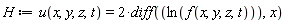 H := u(x, y, z, t) = 2*(diff(ln(f(x, y, z, t)), x))