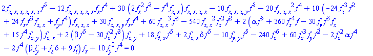 2*(diff(diff(diff(diff(diff(diff(f(x, y, z, t), x), x), x), x), x), x))*f(x, y, z, t)^5-12*(diff(diff(diff(diff(diff(f(x, y, z, t), x), x), x), x), x))*(diff(f(x, y, z, t), x))*f(x, y, z, t)^4+30*(2*(diff(f(x, y, z, t), x))^2*f(x, y, z, t)^3-f(x, y, z, t)^4*(diff(diff(f(x, y, z, t), x), x)))*(diff(diff(diff(diff(f(x, y, z, t), x), x), x), x))-10*(diff(diff(diff(diff(f(x, y, z, t), x), x), x), y))*f(x, y, z, t)^5-20*(diff(diff(diff(f(x, y, z, t), x), x), x))^2*f(x, y, z, t)^4+10*(-24*(diff(f(x, y, z, t), x))^3*f(x, y, z, t)^2+24*(diff(f(x, y, z, t), x))*f(x, y, z, t)^3*(diff(diff(f(x, y, z, t), x), x))+(diff(f(x, y, z, t), y))*f(x, y, z, t)^4)*(diff(diff(diff(f(x, y, z, t), x), x), x))+30*(diff(diff(diff(f(x, y, z, t), x), x), y))*(diff(f(x, y, z, t), x))*f(x, y, z, t)^4+60*(diff(diff(f(x, y, z, t), x), x))^3*f(x, y, z, t)^3-540*(diff(diff(f(x, y, z, t), x), x))^2*(diff(f(x, y, z, t), x))^2*f(x, y, z, t)^2+2*(alpha*f(x, y, z, t)^5+360*(diff(f(x, y, z, t), x))^4*f(x, y, z, t)-30*(diff(f(x, y, z, t), y))*f(x, y, z, t)^3*(diff(f(x, y, z, t), x))+15*f(x, y, z, t)^4*(diff(diff(f(x, y, z, t), x), y)))*(diff(diff(f(x, y, z, t), x), x))+2*(beta*f(x, y, z, t)^5-30*(diff(f(x, y, z, t), x))^2*f(x, y, z, t)^3)*(diff(diff(f(x, y, z, t), x), y))+18*(diff(diff(f(x, y, z, t), t), x))*f(x, y, z, t)^5+2*(diff(diff(f(x, y, z, t), x), z))*delta*f(x, y, z, t)^5-10*(diff(diff(f(x, y, z, t), y), y))*f(x, y, z, t)^5-240*(diff(f(x, y, z, t), x))^6+60*(diff(f(x, y, z, t), x))^3*(diff(f(x, y, z, t), y))*f(x, y, z, t)^2-2*(diff(f(x, y, z, t), x))^2*alpha*f(x, y, z, t)^4-2*f(x, y, z, t)^4*(beta*(diff(f(x, y, z, t), y))+(diff(f(x, y, z, t), z))*delta+9*(diff(f(x, y, z, t), t)))*(diff(f(x, y, z, t), x))+10*(diff(f(x, y, z, t), y))^2*f(x, y, z, t)^4 = 0