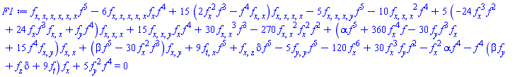 (diff(diff(diff(diff(diff(diff(f(x, y, z, t), x), x), x), x), x), x))*f(x, y, z, t)^5-6*(diff(diff(diff(diff(diff(f(x, y, z, t), x), x), x), x), x))*(diff(f(x, y, z, t), x))*f(x, y, z, t)^4+15*(2*(diff(f(x, y, z, t), x))^2*f(x, y, z, t)^3-f(x, y, z, t)^4*(diff(diff(f(x, y, z, t), x), x)))*(diff(diff(diff(diff(f(x, y, z, t), x), x), x), x))-5*(diff(diff(diff(diff(f(x, y, z, t), x), x), x), y))*f(x, y, z, t)^5-10*(diff(diff(diff(f(x, y, z, t), x), x), x))^2*f(x, y, z, t)^4+5*(-24*(diff(f(x, y, z, t), x))^3*f(x, y, z, t)^2+24*(diff(f(x, y, z, t), x))*f(x, y, z, t)^3*(diff(diff(f(x, y, z, t), x), x))+(diff(f(x, y, z, t), y))*f(x, y, z, t)^4)*(diff(diff(diff(f(x, y, z, t), x), x), x))+15*(diff(diff(diff(f(x, y, z, t), x), x), y))*(diff(f(x, y, z, t), x))*f(x, y, z, t)^4+30*(diff(diff(f(x, y, z, t), x), x))^3*f(x, y, z, t)^3-270*(diff(diff(f(x, y, z, t), x), x))^2*(diff(f(x, y, z, t), x))^2*f(x, y, z, t)^2+(alpha*f(x, y, z, t)^5+360*(diff(f(x, y, z, t), x))^4*f(x, y, z, t)-30*(diff(f(x, y, z, t), y))*f(x, y, z, t)^3*(diff(f(x, y, z, t), x))+15*f(x, y, z, t)^4*(diff(diff(f(x, y, z, t), x), y)))*(diff(diff(f(x, y, z, t), x), x))+(beta*f(x, y, z, t)^5-30*(diff(f(x, y, z, t), x))^2*f(x, y, z, t)^3)*(diff(diff(f(x, y, z, t), x), y))+9*(diff(diff(f(x, y, z, t), t), x))*f(x, y, z, t)^5+(diff(diff(f(x, y, z, t), x), z))*delta*f(x, y, z, t)^5-5*(diff(diff(f(x, y, z, t), y), y))*f(x, y, z, t)^5-120*(diff(f(x, y, z, t), x))^6+30*(diff(f(x, y, z, t), x))^3*(diff(f(x, y, z, t), y))*f(x, y, z, t)^2-(diff(f(x, y, z, t), x))^2*alpha*f(x, y, z, t)^4-f(x, y, z, t)^4*(beta*(diff(f(x, y, z, t), y))+(diff(f(x, y, z, t), z))*delta+9*(diff(f(x, y, z, t), t)))*(diff(f(x, y, z, t), x))+5*(diff(f(x, y, z, t), y))^2*f(x, y, z, t)^4 = 0