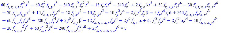 2*f(x, y, z, t)^5*(diff(diff(f(x, y, z, t), x), x))*alpha+2*f(x, y, z, t)^5*(diff(diff(f(x, y, z, t), x), y))*beta+720*(diff(diff(f(x, y, z, t), x), x))*(diff(f(x, y, z, t), x))^4*f(x, y, z, t)-240*(diff(diff(diff(f(x, y, z, t), x), x), x))*(diff(f(x, y, z, t), x))^3*f(x, y, z, t)^2+60*(diff(diff(diff(diff(f(x, y, z, t), x), x), x), x))*(diff(f(x, y, z, t), x))^2*f(x, y, z, t)^3-60*(diff(f(x, y, z, t), x))^2*(diff(diff(f(x, y, z, t), x), y))*f(x, y, z, t)^3-540*(diff(diff(f(x, y, z, t), x), x))^2*(diff(f(x, y, z, t), x))^2*f(x, y, z, t)^2-18*(diff(f(x, y, z, t), x))*(diff(f(x, y, z, t), t))*f(x, y, z, t)^4-12*(diff(diff(diff(diff(diff(f(x, y, z, t), x), x), x), x), x))*(diff(f(x, y, z, t), x))*f(x, y, z, t)^4+30*(diff(diff(diff(f(x, y, z, t), x), x), y))*(diff(f(x, y, z, t), x))*f(x, y, z, t)^4-30*(diff(diff(diff(diff(f(x, y, z, t), x), x), x), x))*(diff(diff(f(x, y, z, t), x), x))*f(x, y, z, t)^4+30*(diff(diff(f(x, y, z, t), x), x))*(diff(diff(f(x, y, z, t), x), y))*f(x, y, z, t)^4+10*(diff(diff(diff(f(x, y, z, t), x), x), x))*(diff(f(x, y, z, t), y))*f(x, y, z, t)^4+2*(diff(diff(f(x, y, z, t), x), z))*delta*f(x, y, z, t)^5+60*(diff(f(x, y, z, t), x))^3*(diff(f(x, y, z, t), y))*f(x, y, z, t)^2-2*(diff(f(x, y, z, t), x))^2*alpha*f(x, y, z, t)^4-240*(diff(f(x, y, z, t), x))^6-2*(diff(f(x, y, z, t), x))*f(x, y, z, t)^4*(diff(f(x, y, z, t), y))*beta-2*(diff(f(x, y, z, t), x))*f(x, y, z, t)^4*(diff(f(x, y, z, t), z))*delta+240*(diff(diff(diff(f(x, y, z, t), x), x), x))*(diff(f(x, y, z, t), x))*(diff(diff(f(x, y, z, t), x), x))*f(x, y, z, t)^3-60*(diff(diff(f(x, y, z, t), x), x))*(diff(f(x, y, z, t), x))*(diff(f(x, y, z, t), y))*f(x, y, z, t)^3+2*(diff(diff(diff(diff(diff(diff(f(x, y, z, t), x), x), x), x), x), x))*f(x, y, z, t)^5-10*(diff(diff(diff(diff(f(x, y, z, t), x), x), x), y))*f(x, y, z, t)^5-20*(diff(diff(diff(f(x, y, z, t), x), x), x))^2*f(x, y, z, t)^4+60*(diff(diff(f(x, y, z, t), x), x))^3*f(x, y, z, t)^3+18*(diff(diff(f(x, y, z, t), t), x))*f(x, y, z, t)^5-10*(diff(diff(f(x, y, z, t), y), y))*f(x, y, z, t)^5+10*(diff(f(x, y, z, t), y))^2*f(x, y, z, t)^4 = 0