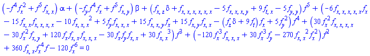 (-f(x, y, z, t)^4*(diff(f(x, y, z, t), x))^2+f(x, y, z, t)^5*(diff(diff(f(x, y, z, t), x), x)))*alpha+(-(diff(f(x, y, z, t), y))*f(x, y, z, t)^4*(diff(f(x, y, z, t), x))+f(x, y, z, t)^5*(diff(diff(f(x, y, z, t), x), y)))*beta+((diff(diff(f(x, y, z, t), x), z))*delta+diff(diff(diff(diff(diff(diff(f(x, y, z, t), x), x), x), x), x), x)-5*(diff(diff(diff(diff(f(x, y, z, t), x), x), x), y))+9*(diff(diff(f(x, y, z, t), t), x))-5*(diff(diff(f(x, y, z, t), y), y)))*f(x, y, z, t)^5+(-6*(diff(diff(diff(diff(diff(f(x, y, z, t), x), x), x), x), x))*(diff(f(x, y, z, t), x))-15*(diff(diff(f(x, y, z, t), x), x))*(diff(diff(diff(diff(f(x, y, z, t), x), x), x), x))-10*(diff(diff(diff(f(x, y, z, t), x), x), x))^2+5*(diff(f(x, y, z, t), y))*(diff(diff(diff(f(x, y, z, t), x), x), x))+15*(diff(diff(diff(f(x, y, z, t), x), x), y))*(diff(f(x, y, z, t), x))+15*(diff(diff(f(x, y, z, t), x), y))*(diff(diff(f(x, y, z, t), x), x))-((diff(f(x, y, z, t), z))*delta+9*(diff(f(x, y, z, t), t)))*(diff(f(x, y, z, t), x))+5*(diff(f(x, y, z, t), y))^2)*f(x, y, z, t)^4+(30*(diff(f(x, y, z, t), x))^2*(diff(diff(diff(diff(f(x, y, z, t), x), x), x), x))-30*(diff(f(x, y, z, t), x))^2*(diff(diff(f(x, y, z, t), x), y))+120*(diff(f(x, y, z, t), x))*(diff(diff(f(x, y, z, t), x), x))*(diff(diff(diff(f(x, y, z, t), x), x), x))-30*(diff(f(x, y, z, t), x))*(diff(f(x, y, z, t), y))*(diff(diff(f(x, y, z, t), x), x))+30*(diff(diff(f(x, y, z, t), x), x))^3)*f(x, y, z, t)^3+(-120*(diff(f(x, y, z, t), x))^3*(diff(diff(diff(f(x, y, z, t), x), x), x))+30*(diff(f(x, y, z, t), x))^3*(diff(f(x, y, z, t), y))-270*(diff(diff(f(x, y, z, t), x), x))^2*(diff(f(x, y, z, t), x))^2)*f(x, y, z, t)^2+360*(diff(diff(f(x, y, z, t), x), x))*(diff(f(x, y, z, t), x))^4*f(x, y, z, t)-120*(diff(f(x, y, z, t), x))^6 = 0