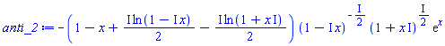 -(1-x+((1/2)*I)*ln(1-I*x)-((1/2)*I)*ln(1+x*I))*(1-I*x)^(-(1/2)*I)*(1+x*I)^((1/2)*I)*exp(x)