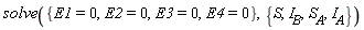 solve({E1 = 0, E2 = 0, E3 = 0, E4 = 0}, {I__A, I__B, S, S__A})