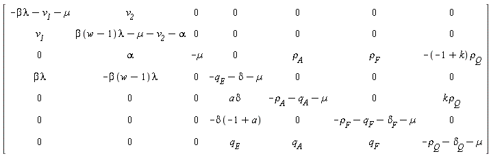 Matrix(7, 7, {(1, 1) = -beta*lambda-v__1-µ, (1, 2) = v__2, (1, 3) = 0, (1, 4) = 0, (1, 5) = 0, (1, 6) = 0, (1, 7) = 0, (2, 1) = v__1, (2, 2) = beta*(w-1)*lambda-µ-v__2-alpha, (2, 3) = 0, (2, 4) = 0, (2, 5) = 0, (2, 6) = 0, (2, 7) = 0, (3, 1) = 0, (3, 2) = alpha, (3, 3) = -µ, (3, 4) = 0, (3, 5) = `&rho;__A`, (3, 6) = `&rho;__F`, (3, 7) = -(-1+k)*`&rho;__Q`, (4, 1) = beta*lambda, (4, 2) = -beta*(w-1)*lambda, (4, 3) = 0, (4, 4) = -q__E-delta-µ, (4, 5) = 0, (4, 6) = 0, (4, 7) = 0, (5, 1) = 0, (5, 2) = 0, (5, 3) = 0, (5, 4) = a*delta, (5, 5) = -`&rho;__A`-q__A-µ, (5, 6) = 0, (5, 7) = k*`&rho;__Q`, (6, 1) = 0, (6, 2) = 0, (6, 3) = 0, (6, 4) = -delta*(-1+a), (6, 5) = 0, (6, 6) = -`&rho;__F`-q__F-`&delta;__F`-µ, (6, 7) = 0, (7, 1) = 0, (7, 2) = 0, (7, 3) = 0, (7, 4) = q__E, (7, 5) = q__A, (7, 6) = q__F, (7, 7) = -`&rho;__Q`-`&delta;__Q`-µ})