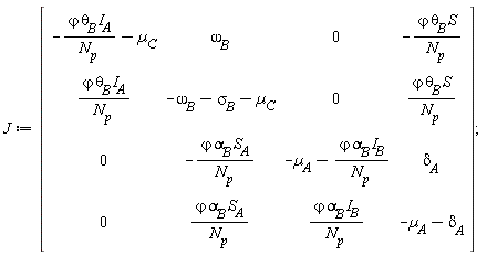 J := Matrix(4, 4, {(1, 1) = -`&varphi;`*`&theta;__B`*I__A/N__p-µ__C, (1, 2) = `&omega;__B`, (1, 3) = 0, (1, 4) = -`&varphi;`*`&theta;__B`*S/N__p, (2, 1) = `&varphi;`*`&theta;__B`*I__A/N__p, (2, 2) = -`&omega;__B`-`&sigma;__B`-µ__C, (2, 3) = 0, (2, 4) = `&varphi;`*`&theta;__B`*S/N__p, (3, 1) = 0, (3, 2) = -`&varphi;`*`&alpha;__B`*S__A/N__p, (3, 3) = -µ__A-`&varphi;`*`&alpha;__B`*I__B/N__p, (3, 4) = `&delta;__A`, (4, 1) = 0, (4, 2) = `&varphi;`*`&alpha;__B`*S__A/N__p, (4, 3) = `&varphi;`*`&alpha;__B`*I__B/N__p, (4, 4) = -µ__A-`&delta;__A`})