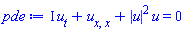 I*(diff(u(x, t), t))+diff(diff(u(x, t), x), x)+abs(u(x, t))^2*u(x, t) = 0