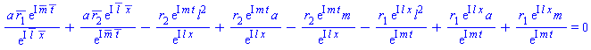 a*conjugate(r[1])*exp(I*conjugate(m)*conjugate(t))/exp(I*conjugate(l)*conjugate(x))+a*conjugate(r[2])*exp(I*conjugate(l)*conjugate(x))/exp(I*conjugate(m)*conjugate(t))-r[2]*exp(I*m*t)*l^2/exp(I*l*x)+r[2]*exp(I*m*t)*a/exp(I*l*x)-r[2]*exp(I*m*t)*m/exp(I*l*x)-r[1]*exp(I*l*x)*l^2/exp(I*m*t)+r[1]*exp(I*l*x)*a/exp(I*m*t)+r[1]*exp(I*l*x)*m/exp(I*m*t) = 0