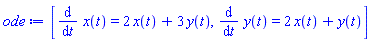 [diff(x(t), t) = 2*x(t)+3*y(t), diff(y(t), t) = 2*x(t)+y(t)]