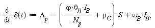 diff(S(t), t) := `&Lambda;__p`-(`#mrow(mi("&varphi;",fontstyle = "normal"),mo("&sdot;"),msub(mi("&theta;",fontstyle = "normal"),mi("B")),mo("&sdot;"),msub(mi("I"),mi("B")))`/N[p]+µ__C)*S+`&omega;__B`*I__B