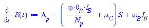 Lambda__p-(`#mrow(mi("&varphi;",fontstyle = "normal"),mo("&sdot;"),msub(mi("&theta;",fontstyle = "normal"),mi("B")),mo("&sdot;"),msub(mi("I"),mi("B")))`/N[p]+Âµ__C)*S+omega__B*I__B