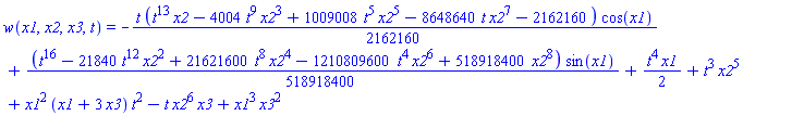 w(x1, x2, x3, t) = -(1/2162160)*t*(t^13*x2-4004*t^9*x2^3+1009008*t^5*x2^5-8648640*t*x2^7-2162160)*cos(x1)+(1/518918400)*(t^16-21840*t^12*x2^2+21621600*t^8*x2^4-1210809600*t^4*x2^6+518918400*x2^8)*sin(x1)+(1/2)*t^4*x1+t^3*x2^5+x1^2*(x1+3*x3)*t^2-t*x2^6*x3+x1^3*x3^2