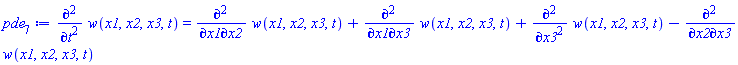 diff(diff(w(x1, x2, x3, t), t), t) = diff(diff(w(x1, x2, x3, t), x1), x2)+diff(diff(w(x1, x2, x3, t), x1), x3)+diff(diff(w(x1, x2, x3, t), x3), x3)-(diff(diff(w(x1, x2, x3, t), x2), x3))