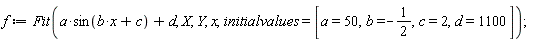 f := Fit(a*sin(b*x+c)+d, X, Y, x, initialvalues = [a = 50, b = -1/2, c = 2, d = 1100])