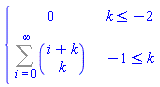 piecewise(k <= -2, 0, -1 <= k, Sum(binomial(i+k, k), i = 0 .. infinity))