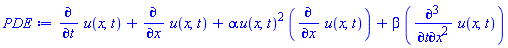 diff(u(x, t), t)+diff(u(x, t), x)+alpha*u(x, t)^2*(diff(u(x, t), x))+beta*(diff(diff(diff(u(x, t), t), x), x))