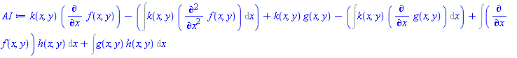 k(x, y)*(diff(f(x, y), x))-(Int(k(x, y)*(diff(diff(f(x, y), x), x)), x))+k(x, y)*g(x, y)-(Int(k(x, y)*(diff(g(x, y), x)), x))+Int((diff(f(x, y), x))*h(x, y), x)+Int(g(x, y)*h(x, y), x)