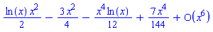 (1/2)*ln(x)*x^2-(3/4)*x^2-(1/12)*x^4*ln(x)+(7/144)*x^4+O(x^6)