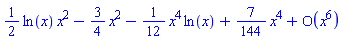 (1/2)*ln(x)*x^2-(3/4)*x^2-(1/12)*x^4*ln(x)+(7/144)*x^4+O(x^6)