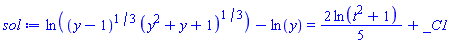ln((y-1)^(1/3)*(y^2+y+1)^(1/3))-ln(y) = (2/5)*ln(t^2+1)+_C1