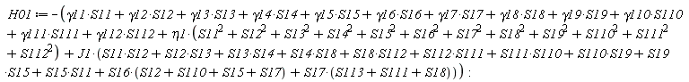 H01 := -gamma11*S11-gamma12*S12-gamma13*S13-gamma14*S14-gamma15*S15-gamma16*S16-gamma17*S17-gamma18*S18-gamma19*S19-gamma110*S110-gamma111*S111-gamma112*S112-eta1*(S11^2+S110^2+S111^2+S112^2+S12^2+S13^2+S14^2+S15^2+S16^2+S17^2+S18^2+S19^2)-J1*(S11*S12+S12*S13+S13*S14+S14*S18+S18*S112+S112*S111+S111*S110+S110*S19+S19*S15+S15*S11+S16*(S12+S110+S15+S17)+S17*(S113+S111+S18))