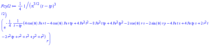 (1/4)*exp(-(1/4)*(4*cos(theta)*Pe*r*t-4*cos(theta)*Pe*r*tp+4*Pe^2*t^2-8*Pe^2*t*tp+4*Pe^2*tp^2-2*cos(theta)*r*x-2*sin(theta)*r*y-4*Pe*t*x+4*Pe*tp*x+2*r^2*t-2*r^2*tp+r^2+x^2+y^2+z^2)/(t-tp))*r/(Pi^(3/2)*(t-tp)^(3/2))