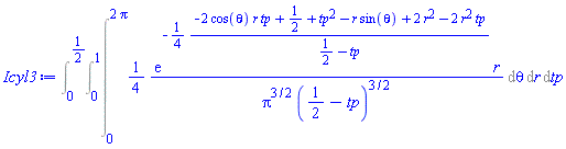 Int((1/4)*exp(-(1/4)*(-2*cos(theta)*r*tp+1/2+tp^2-r*sin(theta)+2*r^2-2*r^2*tp)/(1/2-tp))*r/(Pi^(3/2)*(1/2-tp)^(3/2)), [theta = 0 .. 2*Pi, r = 0 .. 1, tp = 0 .. 1/2])