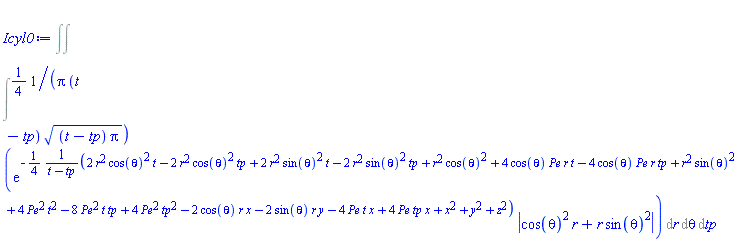 Int(Int(Int((1/4)*exp(-(1/4)*(2*r^2*cos(theta)^2*t-2*r^2*cos(theta)^2*tp+2*r^2*sin(theta)^2*t-2*r^2*sin(theta)^2*tp+r^2*cos(theta)^2+4*cos(theta)*Pe*r*t-4*cos(theta)*Pe*r*tp+r^2*sin(theta)^2+4*Pe^2*t^2-8*Pe^2*t*tp+4*Pe^2*tp^2-2*cos(theta)*r*x-2*sin(theta)*r*y-4*Pe*t*x+4*Pe*tp*x+x^2+y^2+z^2)/(t-tp))*abs(cos(theta)^2*r+r*sin(theta)^2)/(Pi*(t-tp)*((t-tp)*Pi)^(1/2)), r), theta), tp)