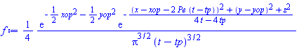 (1/4)*exp(-(1/2)*xop^2-(1/2)*yop^2)*exp(-((x-xop-2*Pe*(t-tp))^2+(y-yop)^2+z^2)/(4*t-4*tp))/(Pi^(3/2)*(t-tp)^(3/2))