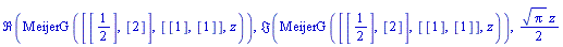Re(MeijerG([[1/2], [2]], [[1], [1]], z)), Im(MeijerG([[1/2], [2]], [[1], [1]], z)), Pi^(1/2)*z/2