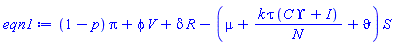 (1-p)*Pi+phi*V+delta*R-(mu+k*tau*(C*Upsilon+I)/N+vartheta)*S