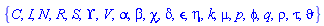 {C, I, N, R, S, Upsilon, V, alpha, beta, chi, delta, epsilon, eta, k, mu, p, phi, q, rho, tau, vartheta}