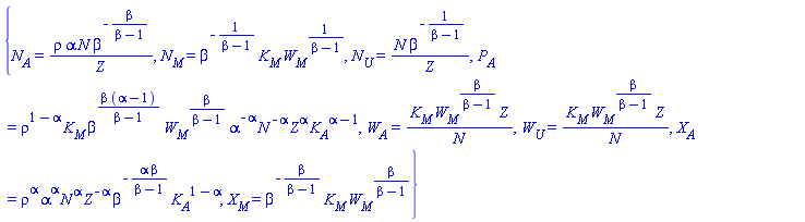 {N__A = rho*alpha*N*beta^(-beta/(beta-1))/Z, N__M = beta^(-1/(beta-1))*K__M*W__M^(1/(beta-1)), N__U = N*beta^(-1/(beta-1))/Z, P__A = rho^(1-alpha)*K__M*beta^(beta*(alpha-1)/(beta-1))*W__M^(beta/(beta-1))*alpha^(-alpha)*N^(-alpha)*Z^alpha*K__A^(alpha-1), W__A = K__M*W__M^(beta/(beta-1))*Z/N, W__U = K__M*W__M^(beta/(beta-1))*Z/N, X__A = rho^alpha*alpha^alpha*N^alpha*Z^(-alpha)*beta^(-alpha*beta/(beta-1))*K__A^(1-alpha), X__M = beta^(-beta/(beta-1))*K__M*W__M^(beta/(beta-1))}