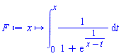 proc (x) options operator, arrow; int(1/(1+exp(1/(x-t))), t = 0 .. x) end proc