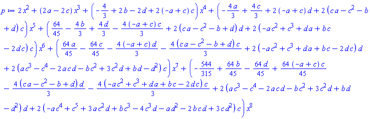 2*x^2+(2*a-2*c)*x^3+(-4/3+2*b-2*d+2*(-a+c)*c)*x^4+(-(4/3)*a+(4/3)*c+2*(-a+c)*d+2*(a*c-c^2-b+d)*c)*x^5+(64/45-(4/3)*b+(4/3)*d-(4/3)*(-a+c)*c+2*(a*c-c^2-b+d)*d+2*(-a*c^2+c^3+a*d+b*c-2*c*d)*c)*x^6+((64/45)*a-(64/45)*c-(4/3)*(-a+c)*d-(4/3)*(a*c-c^2-b+d)*c+2*(-a*c^2+c^3+a*d+b*c-2*c*d)*d+2*(a*c^3-c^4-2*a*c*d-b*c^2+3*c^2*d+b*d-d^2)*c)*x^7+(-544/315+(64/45)*b-(64/45)*d+(64/45)*(-a+c)*c-(4/3)*(a*c-c^2-b+d)*d-(4/3)*(-a*c^2+c^3+a*d+b*c-2*c*d)*c+2*(a*c^3-c^4-2*a*c*d-b*c^2+3*c^2*d+b*d-d^2)*d+2*(-a*c^4+c^5+3*a*c^2*d+b*c^3-4*c^3*d-a*d^2-2*b*c*d+3*c*d^2)*c)*x^8