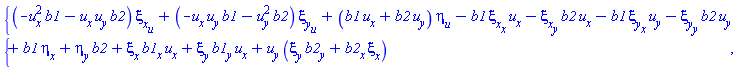 {(-u[x]^2*b1(x, y)-u[x]*u[y]*b2(x, y))*(diff(xi__x(x, y, u), u))+(-u[x]*u[y]*b1(x, y)-u[y]^2*b2(x, y))*(diff(xi__y(x, y, u), u))+(b1(x, y)*u[x]+b2(x, y)*u[y])*(diff(eta(x, y, u), u))-b1(x, y)*(diff(xi__x(x, y, u), x))*u[x]-(diff(xi__x(x, y, u), y))*b2(x, y)*u[x]-b1(x, y)*(diff(xi__y(x, y, u), x))*u[y]-(diff(xi__y(x, y, u), y))*b2(x, y)*u[y]+b1(x, y)*(diff(eta(x, y, u), x))+(diff(eta(x, y, u), y))*b2(x, y)+xi__x(x, y, u)*(diff(b1(x, y), x))*u[x]+xi__y(x, y, u)*(diff(b1(x, y), y))*u[x]+u[y]*(xi__y(x, y, u)*(diff(b2(x, y), y))+(diff(b2(x, y), x))*xi__x(x, y, u))}