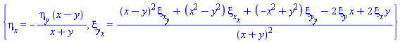 {diff(eta(x, y, u), x) = -(diff(eta(x, y, u), y))*(x-y)/(x+y), diff(xi__y(x, y, u), x) = ((x-y)^2*(diff(xi__x(x, y, u), y))+(x^2-y^2)*(diff(xi__x(x, y, u), x))+(-x^2+y^2)*(diff(xi__y(x, y, u), y))-2*xi__y(x, y, u)*x+2*xi__x(x, y, u)*y)/(x+y)^2}