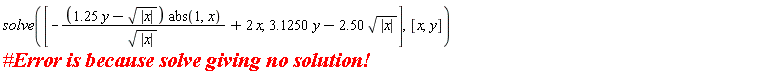 solve([-(1.25*y-sqrt(abs(x)))*abs(1, x)/sqrt(abs(x))+2*x, 3.1250*y-2.50*sqrt(abs(x))], [x, y])