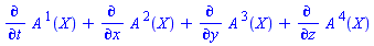 diff(A[`~1`](X), t)+diff(A[`~2`](X), x)+diff(A[`~3`](X), y)+diff(A[`~4`](X), z)