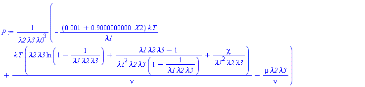 (-(0.1e-2+.9000000000*X2)*k*T/lambda1+k*T*(lambda2*lambda3*ln(1-1/(lambda1*lambda2*lambda3))+(lambda1*lambda2*lambda3-1)/(lambda1^2*lambda2*lambda3*(1-1/(lambda1*lambda2*lambda3)))+chi/(lambda1^2*lambda2*lambda3))/nu-mu*lambda2*lambda3/nu)/(lambda2*lambda3*lambda0^3)