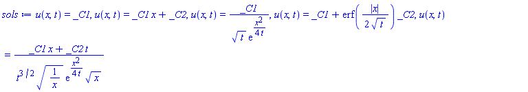 u(x, t) = _C1, u(x, t) = _C1*x+_C2, u(x, t) = _C1/(t^(1/2)*exp((1/4)*x^2/t)), u(x, t) = _C1+erf((1/2)*abs(x)/t^(1/2))*_C2, u(x, t) = (_C1*x+_C2*t)/(t^(3/2)*(1/x)^(1/2)*exp((1/4)*x^2/t)*x^(1/2))