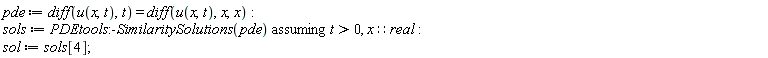 pde := diff(u(x, t), t) = diff(u(x, t), x, x); sols := `assuming`([PDEtools:-SimilaritySolutions(pde)], [t > 0, x::real]); sol := sols[4]