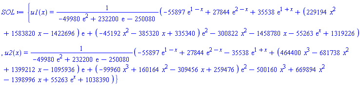 {u1(x) = (-55897*exp(1-x)+27844*exp(2-x)+35538*exp(1+x)+(229194*x^2+1583820*x-1422696)*exp(1)+(-45192*x^2-385320*x+335340)*exp(2)-300822*x^2-1458780*x-55263*exp(x)+1319226)/(-49980*exp(2)+232200*exp(1)-250080), u2(x) = (-55897*exp(1-x)+27844*exp(2-x)-35538*exp(1+x)+(464400*x^3-681738*x^2+1399212*x-1095936)*exp(1)+(-99960*x^3+160164*x^2-309456*x+259476)*exp(2)-500160*x^3+669894*x^2-1398996*x+55263*exp(x)+1038390)/(-49980*exp(2)+232200*exp(1)-250080)}